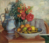 Картины - Нора Хейзен. Камелии в вазе и фрукты на столе