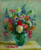 Картины - Нора Хейзен. Букет садовых цветов в стеклянной вазе