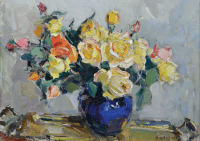 Картины - Валентина Цветкова. Жёлтые розы в голубой вазе