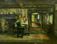 Картины - Герберт Дэвис Рихтер. Интерьер с камином и цветами в вазе