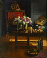Картины - Герберт Дэвис Рихтер. Интерьер комнаты с цветами, фруктами и серебряной посудой