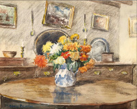 Картины - Герберт Дэвис Рихтер. Интерьер гостиной с оранжевыми и жёлтыми хризантемами