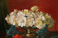 Картины - Герберт Дэвис Рихтер. Розы в серебряной вазе и китайские собачки