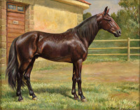 Картины - Фриц Линцер. Вороной конь на фоне конюшни
