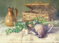 Картины - Герберт Дэвис Рихтер. Натюрморт с голубем, кувшином и корзиной