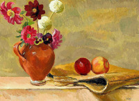 Картины - Ванесса Белл. Георгины в кувшине и яблоки