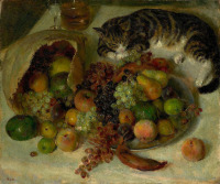 Картины - Джон Кох. Натюрморт с фруктами и кошкой