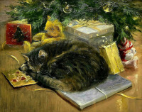 Картины - Айрис Коллетт. Кошка и плюшевый мишка под ёлочкой
