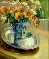 Картины - Айрис Коллетт. Хризантемы в бело-голубом кувшине
