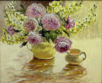 Картины - Айрис Коллетт. Пионы и жёлтые цветы кувшине