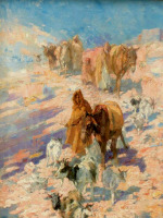 Картины - Рихард Зоммер. Кочевники и стадо коз на снежном склоне