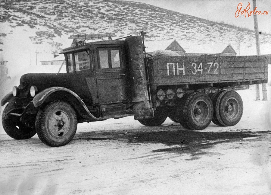 Ретро автомобили - Газогенераторный автомобиль на базе ЗИС-6   на торфяных брикетах. Колымская трасса. 1940