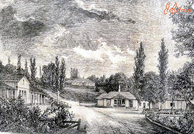 Трускавец - Трускавець.  Центральна частина курорту.  Літографія 1871 року.