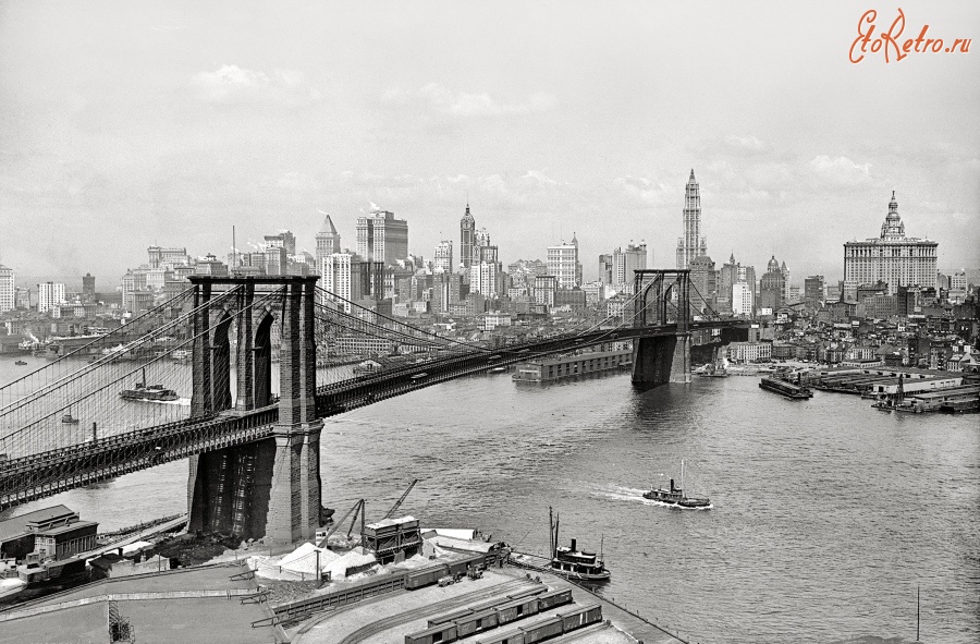 Нью-Йорк - Brooklyn Bridge, East River and skyline. США,  Нью-Йорк (штат),  Нью-Йорк,  Бруклин