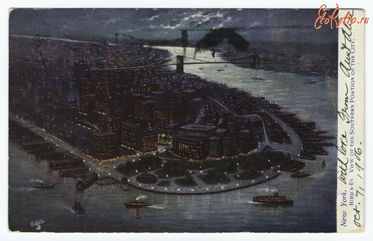 Нью-Йорк - Южный Нью-Йорк с высоты птичьего полёта в лунном света, 1906