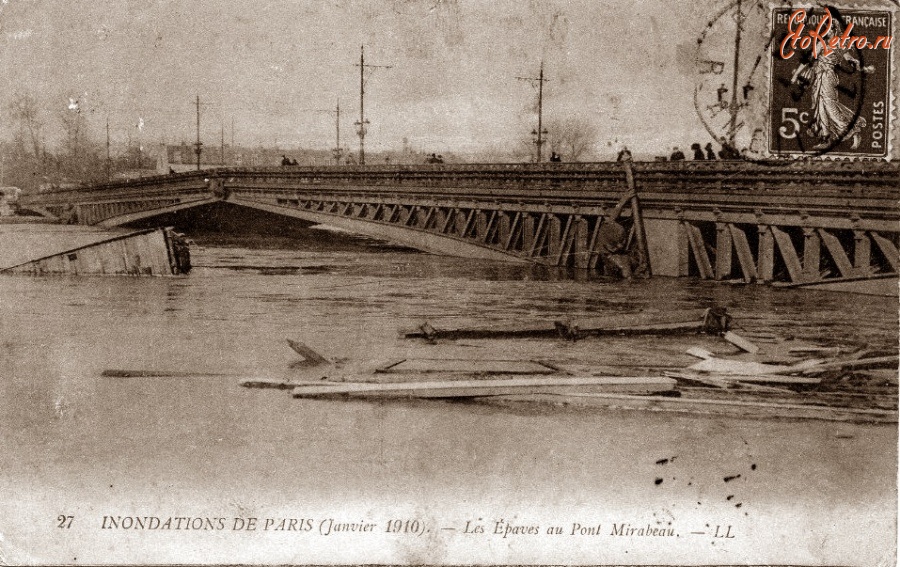 Париж - PARIS, INONDATIONS DE PARIS (janvier 1910)- Les Epaves au Pont Mirabeau Франция,  Иль-де-Франс,  Париж