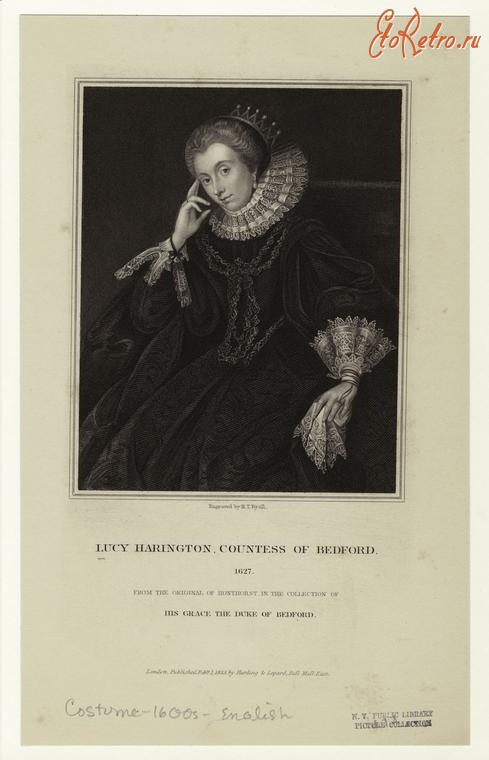 Ретро мода - Английский женский костюм XVII в.  Люси Харрингтон, графиня Бедфорт, 1627