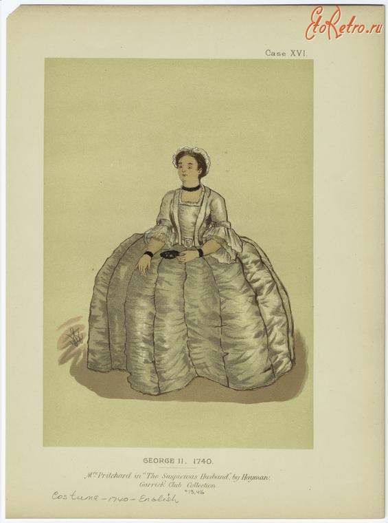 Ретро мода - Английский женский костюм XVIII в.  Эпоха Георга II, миссис Причард, 1740