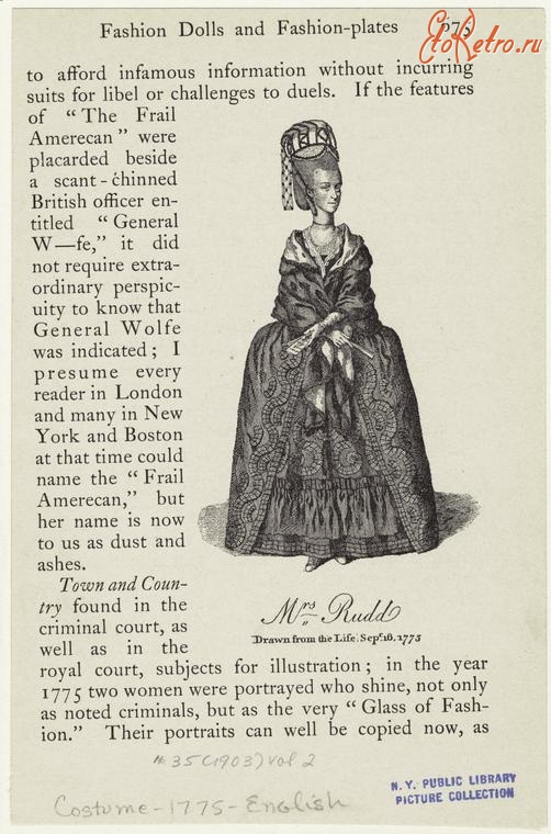 Ретро мода - Английский женский костюм XVIII в.  Миссис Маргарет Кэролайн Радд, 1775