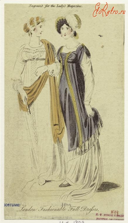 Ретро мода - Английский женский костюм 1800-1809.  Лондон. Модные платья, 1809