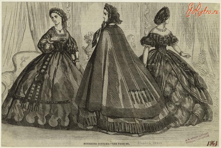 Ретро мода - Женский костюм. Англия, 1860-1869. Траурные туалеты, 1861