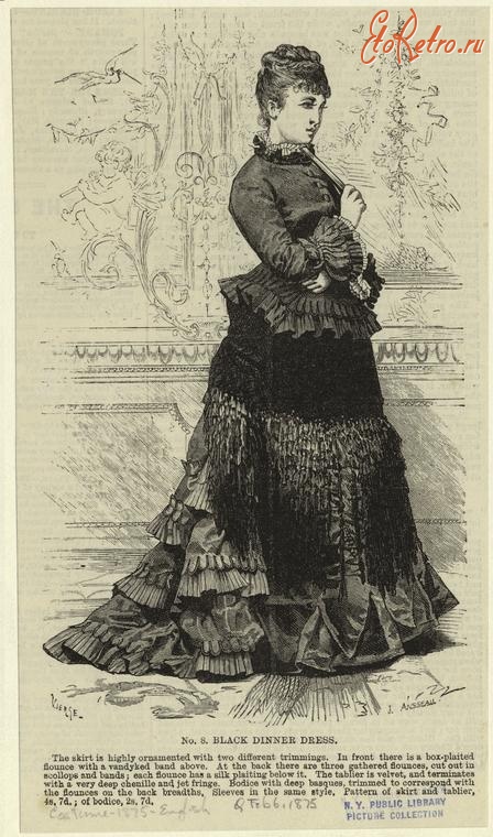 Ретро мода - Женский костюм. Англия, 1870-1879. Чёрное платье для ужина, 1875
