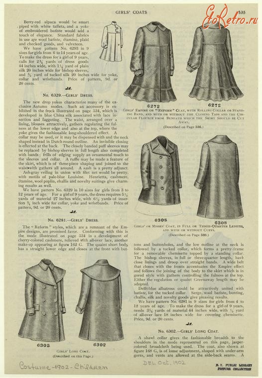 Ретро мода - Детский костюм, 1900-1909. Пальто для девочек, 1902