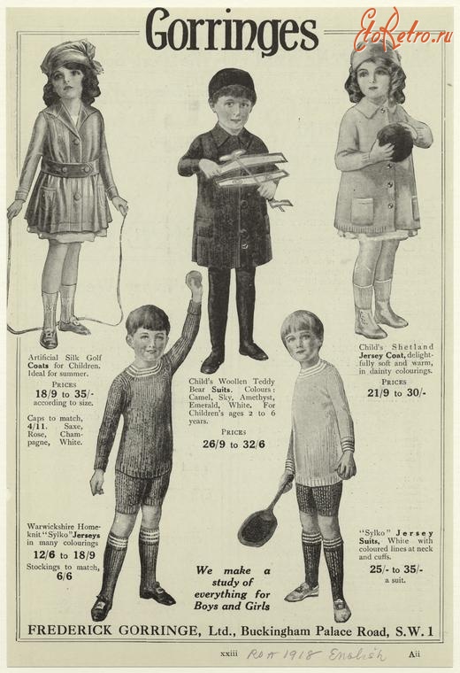 Ретро мода - Детский костюм, 1910-1919. Модели одежды, 1918