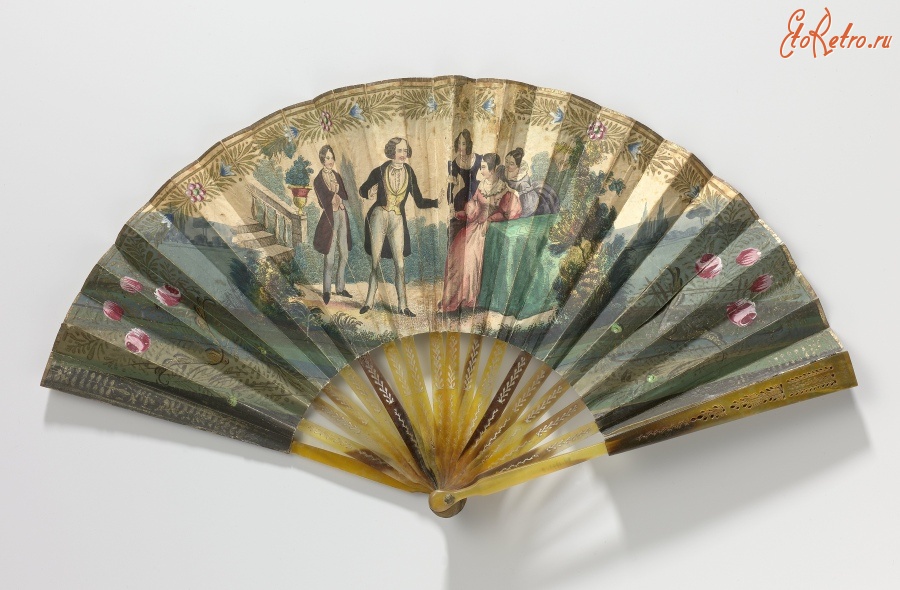 Ретро мода - Бумажный веер с росписью классическим сюжетом с кавалерами и дамами