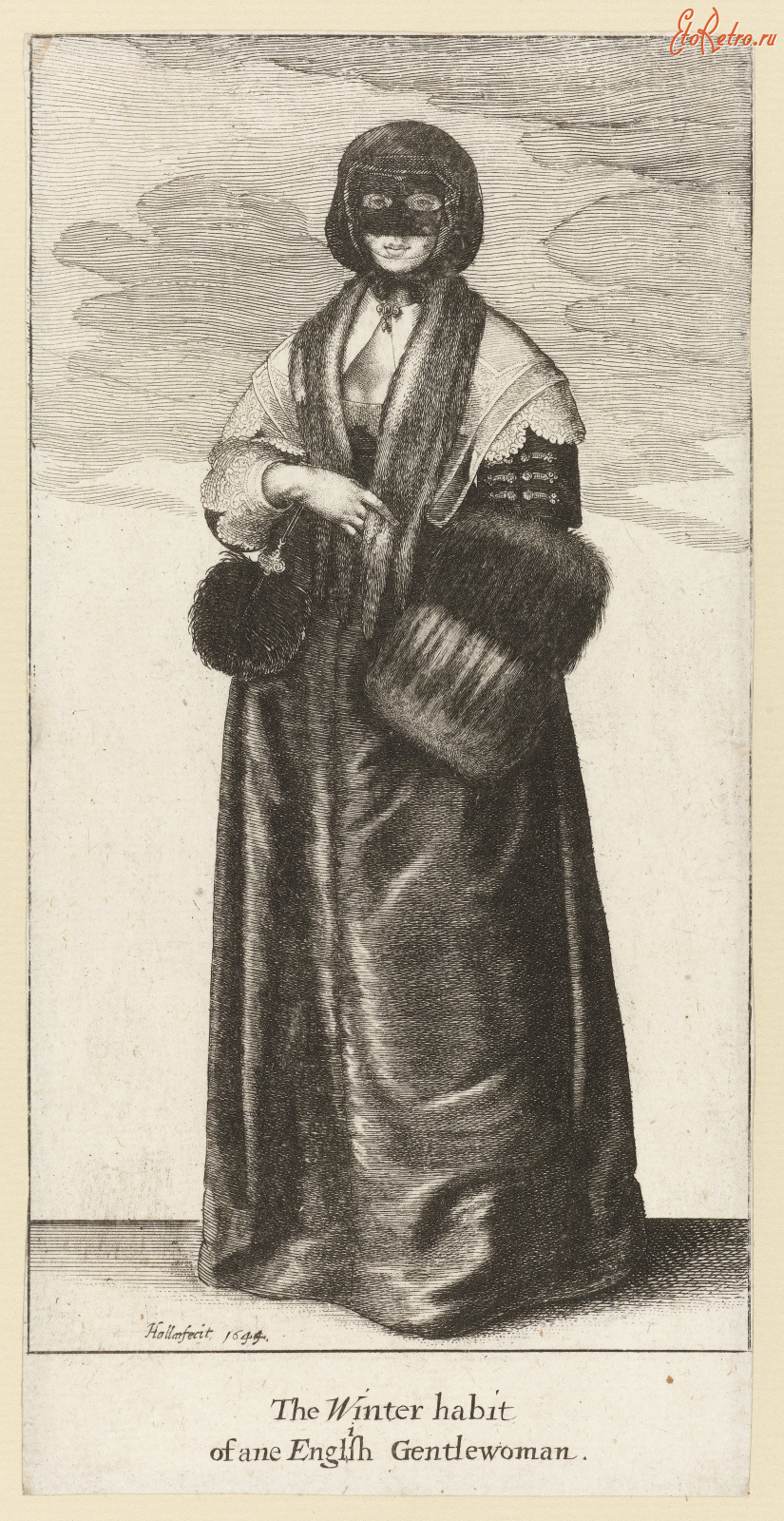 Ретро мода - Английская леди в зимнем наряде и мантии XVII века