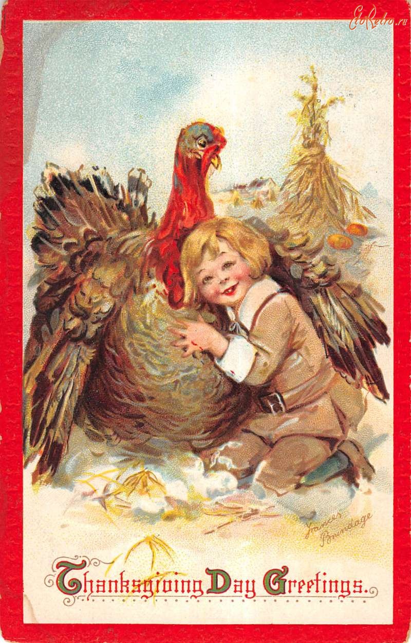 Ретро открытки - С Днём Благодарения от мальчика-пилигрима, 1911
