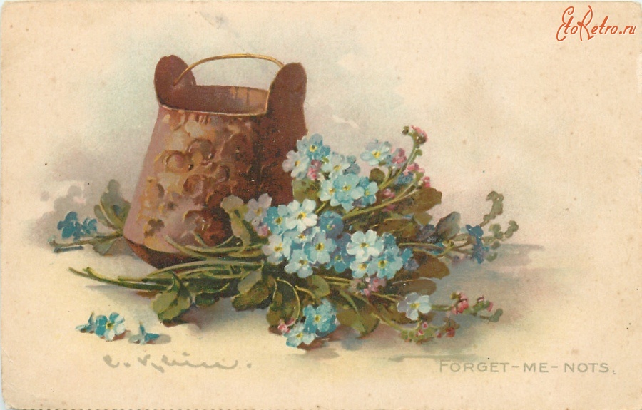 Ретро открытки - Незабудки и цветочный горшок