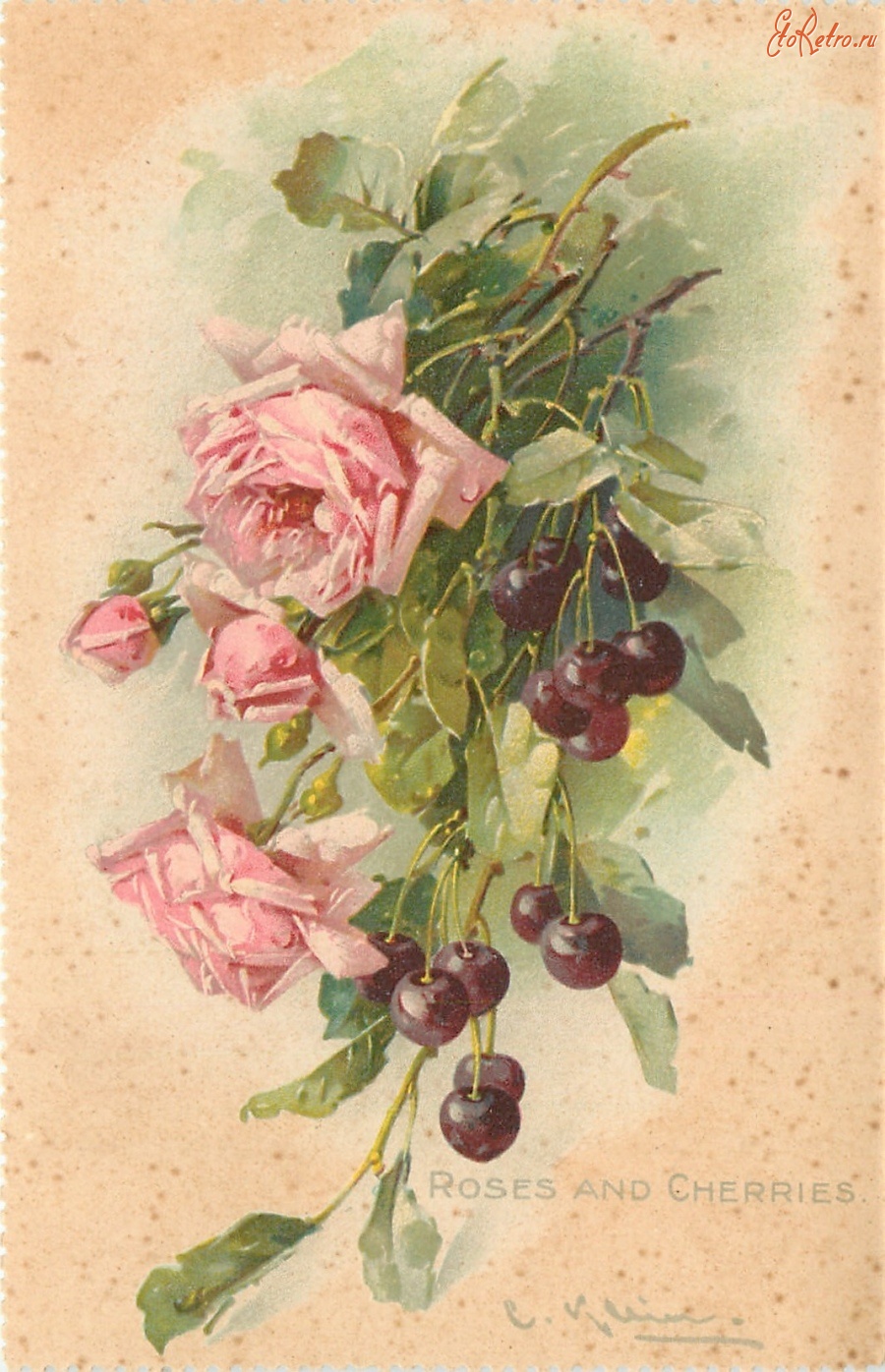 Ретро открытки - Розы и ветка вишни