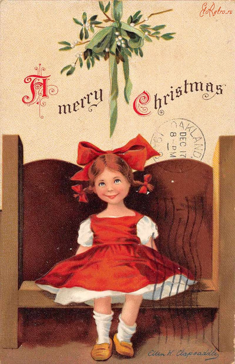 Ретро открытки - Лучше Рождественские поздравления. Девочка в красном платье