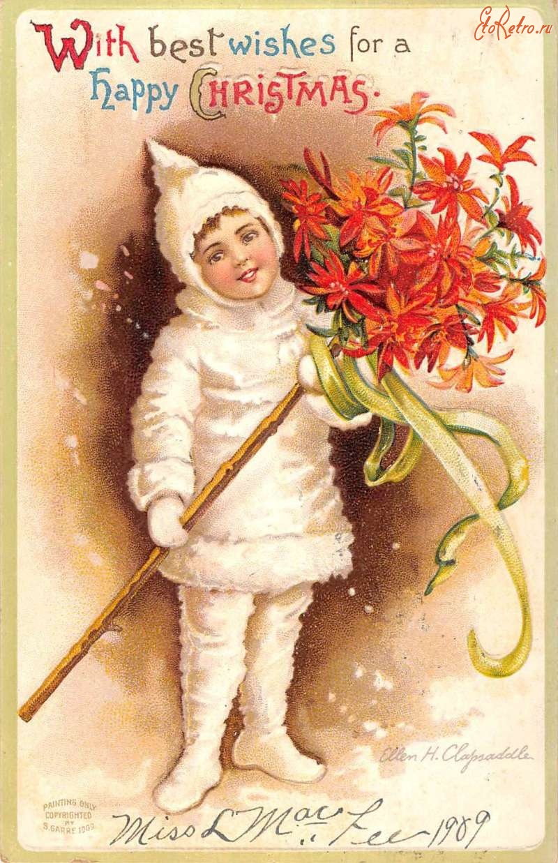 Ретро открытки - С Рождеством. Девочка в белой шубке