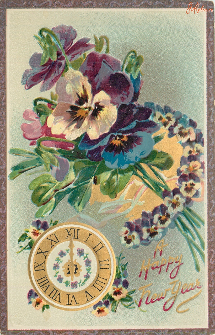 Ретро открытки - Новогодние счастливые часы. Анютины глазки