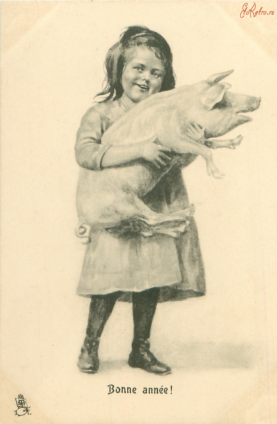 Ретро открытки - С Новым Годом. Девочка с поросёнком на руках
