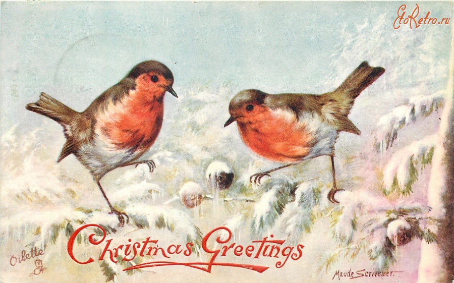 Ретро открытки - С Рождеством. Две малиновки на ветках ёлки