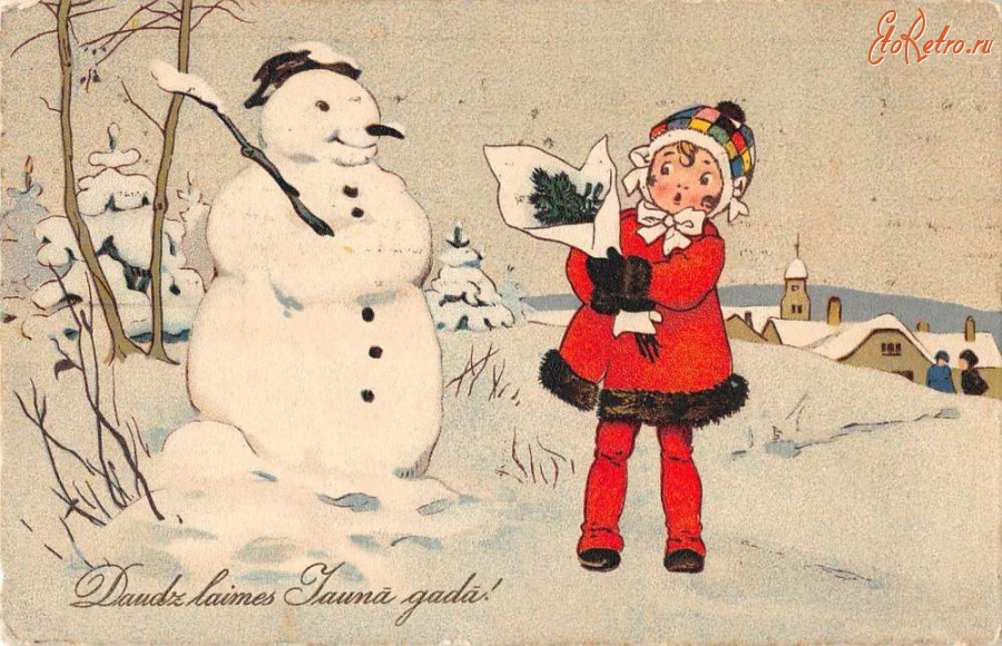Ретро открытки - Рождественские поздравления. Девочка и снеговик