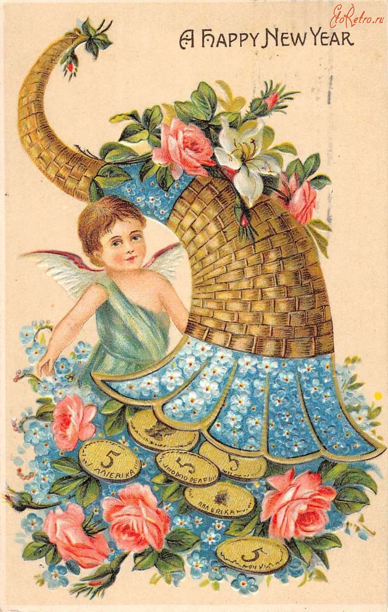 Ретро открытки - С Новым Годом. Ангел и рог изобилия