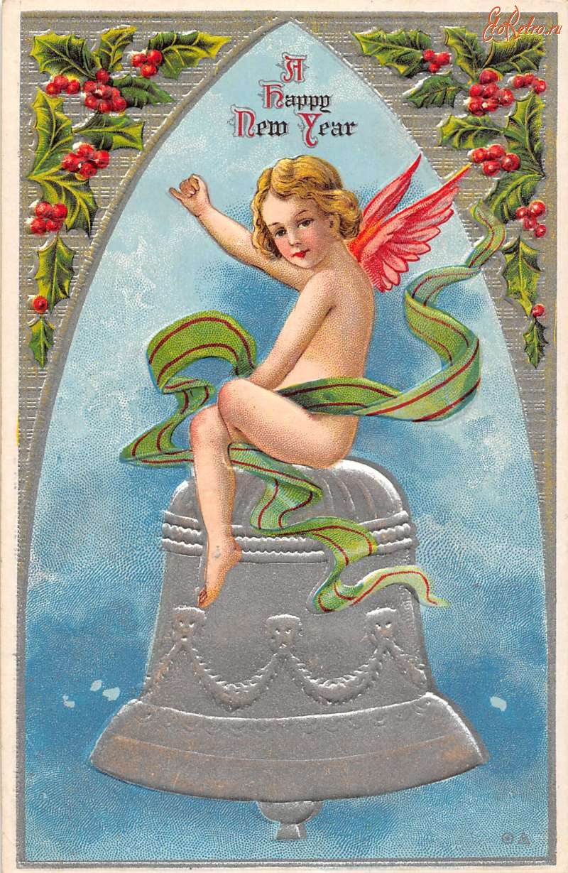 Ретро открытки - С Новым Годом. Ангел и колокол