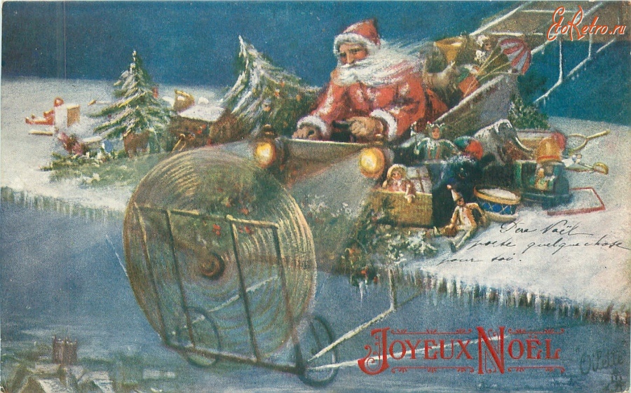 Ретро открытки - С Новым Годом. Санта Клаус и аэроплан