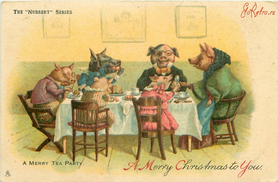 Ретро открытки - С Рождеством. Весёлое чаепитие
