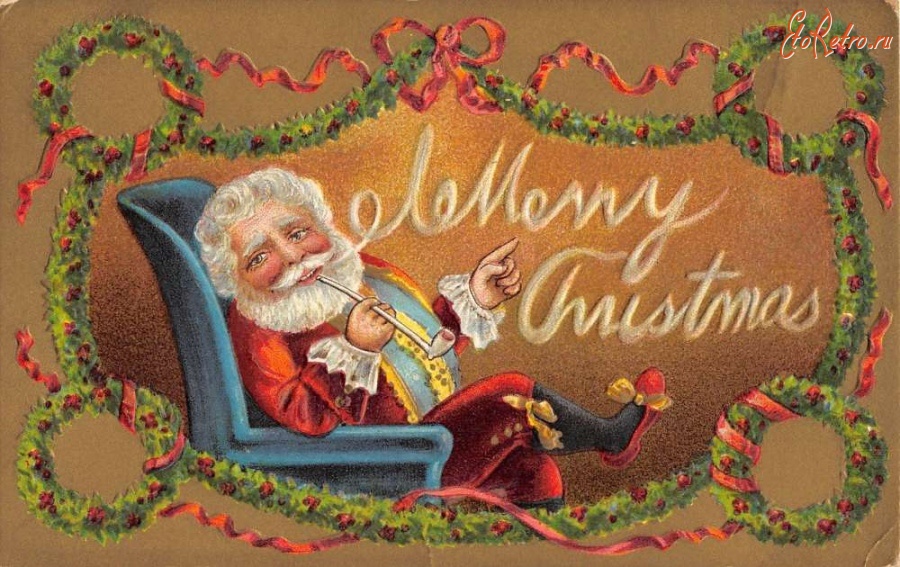 Ретро открытки - С Рождеством. Санта Клаус с курительной трубкой