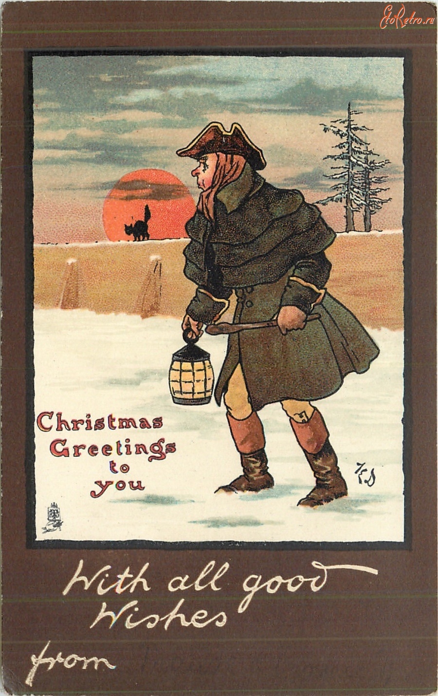 Ретро открытки - С Рождеством. Мужчина с фонарём и кот на фоне заката