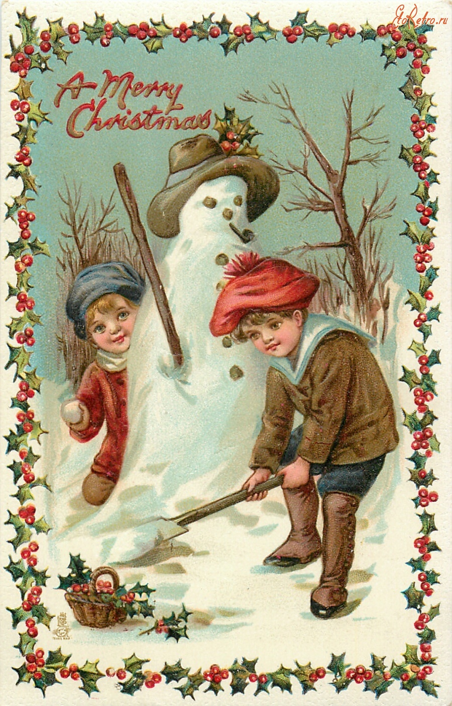 Ретро открытки - С Рождеством. Лепим снеговика