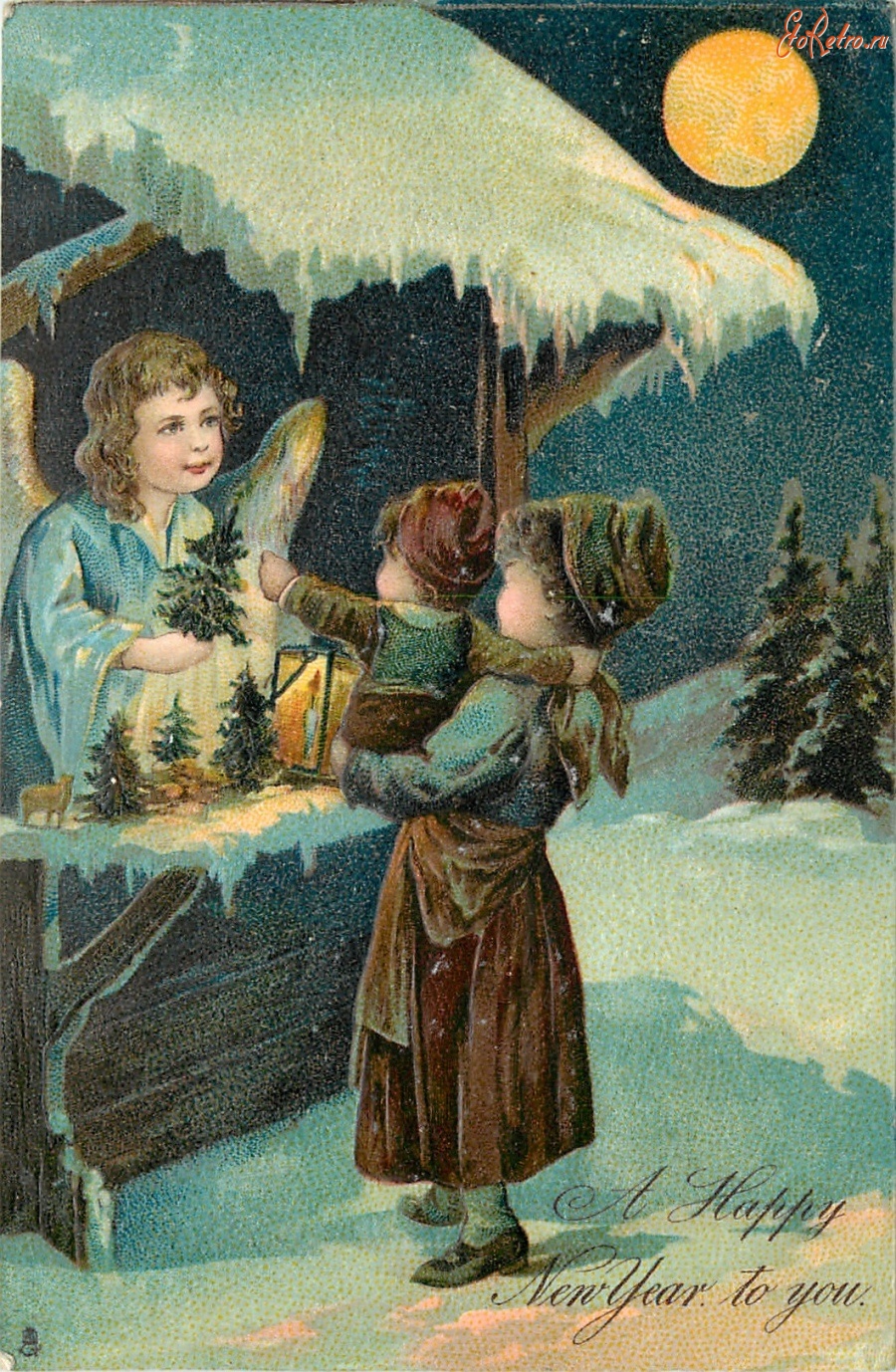 Ретро открытки - С Рождеством. Ангел, рождественская ёлка и дети