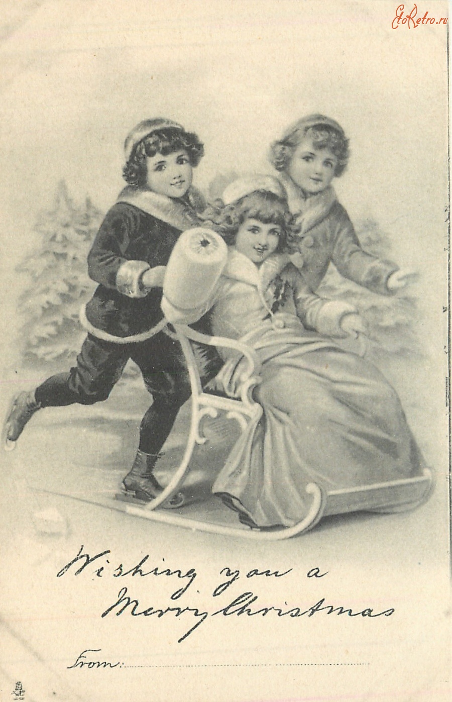 Ретро открытки - С Рождеством. Дети на коньках и санках
