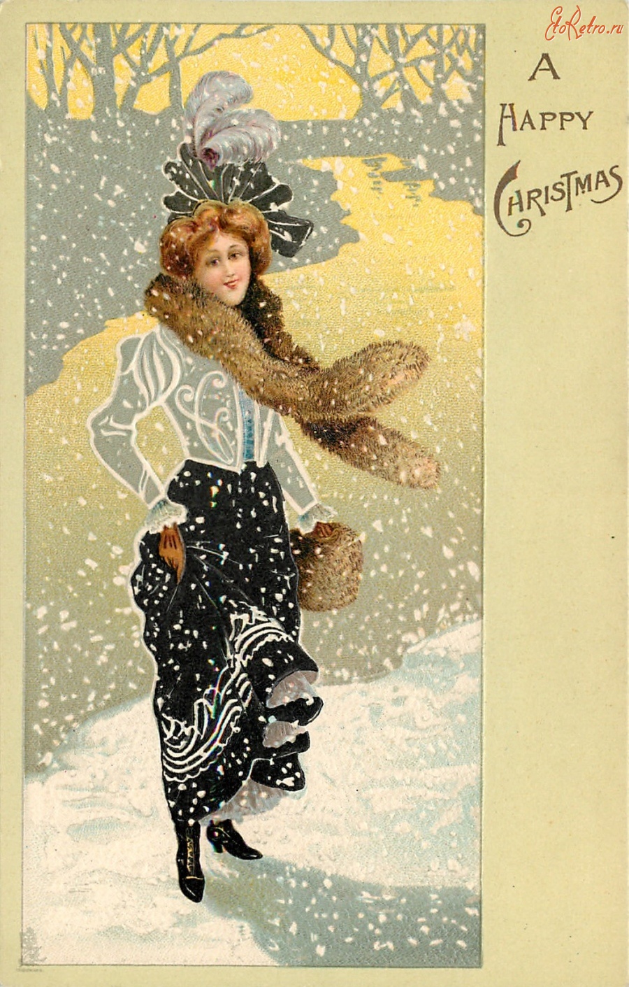 Ретро открытки - Рождественский гламур. Женщина в меховом боа