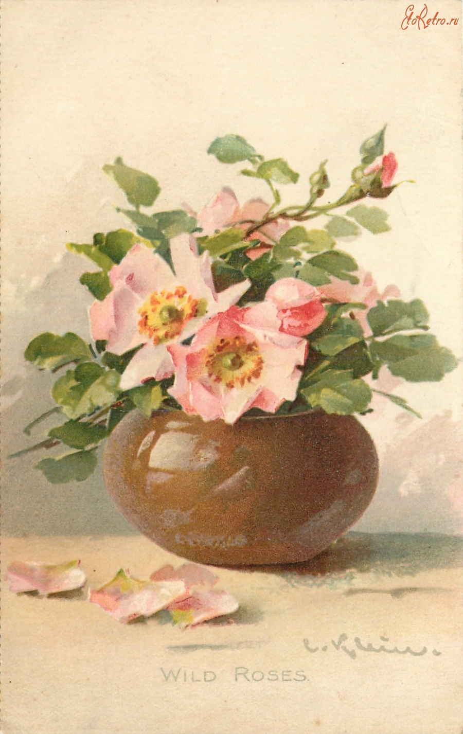 Ретро открытки - Среди цветов. Розовый шиповник в коричневой вазе
